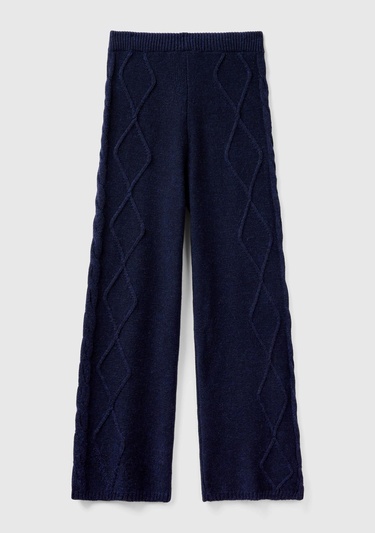  Kadın Lacivert Geniş Paça Triko Pantolon