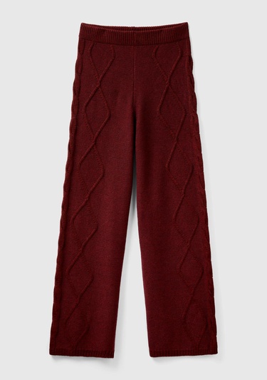  Kadın Bordo Geniş Paça Triko Pantolon