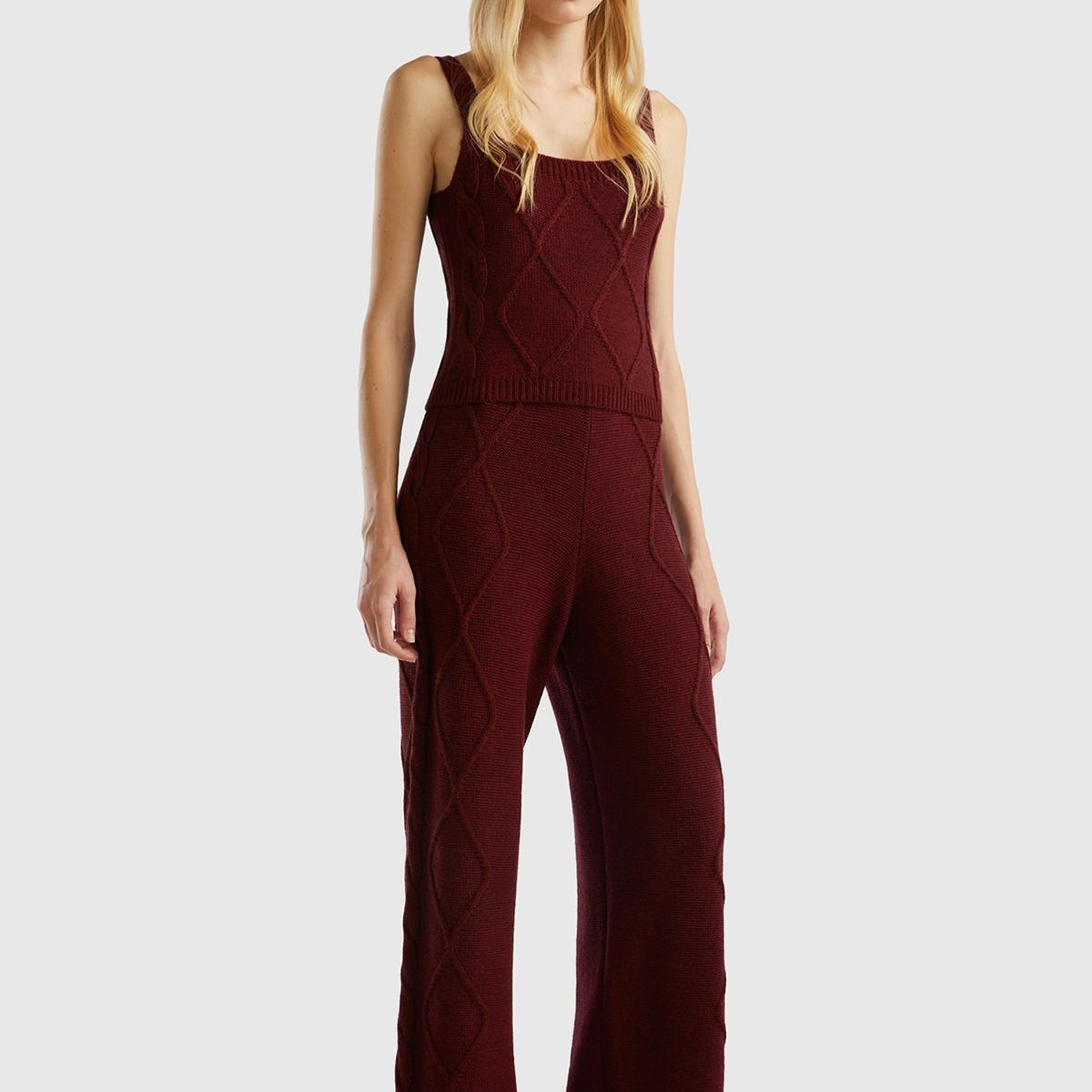 Kadın Bordo Geniş Paça Triko Pantolon