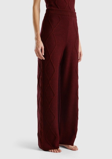  Kadın Bordo Geniş Paça Triko Pantolon