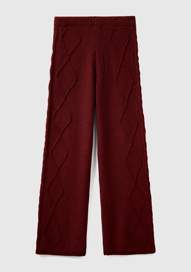  Kadın Bordo Geniş Paça Triko Pantolon