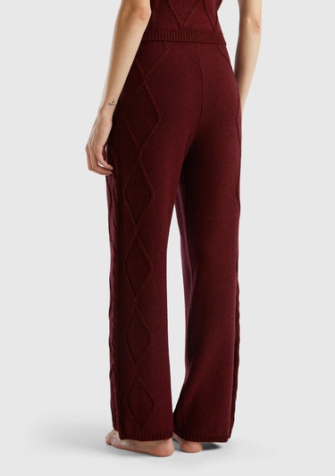  Kadın Bordo Geniş Paça Triko Pantolon