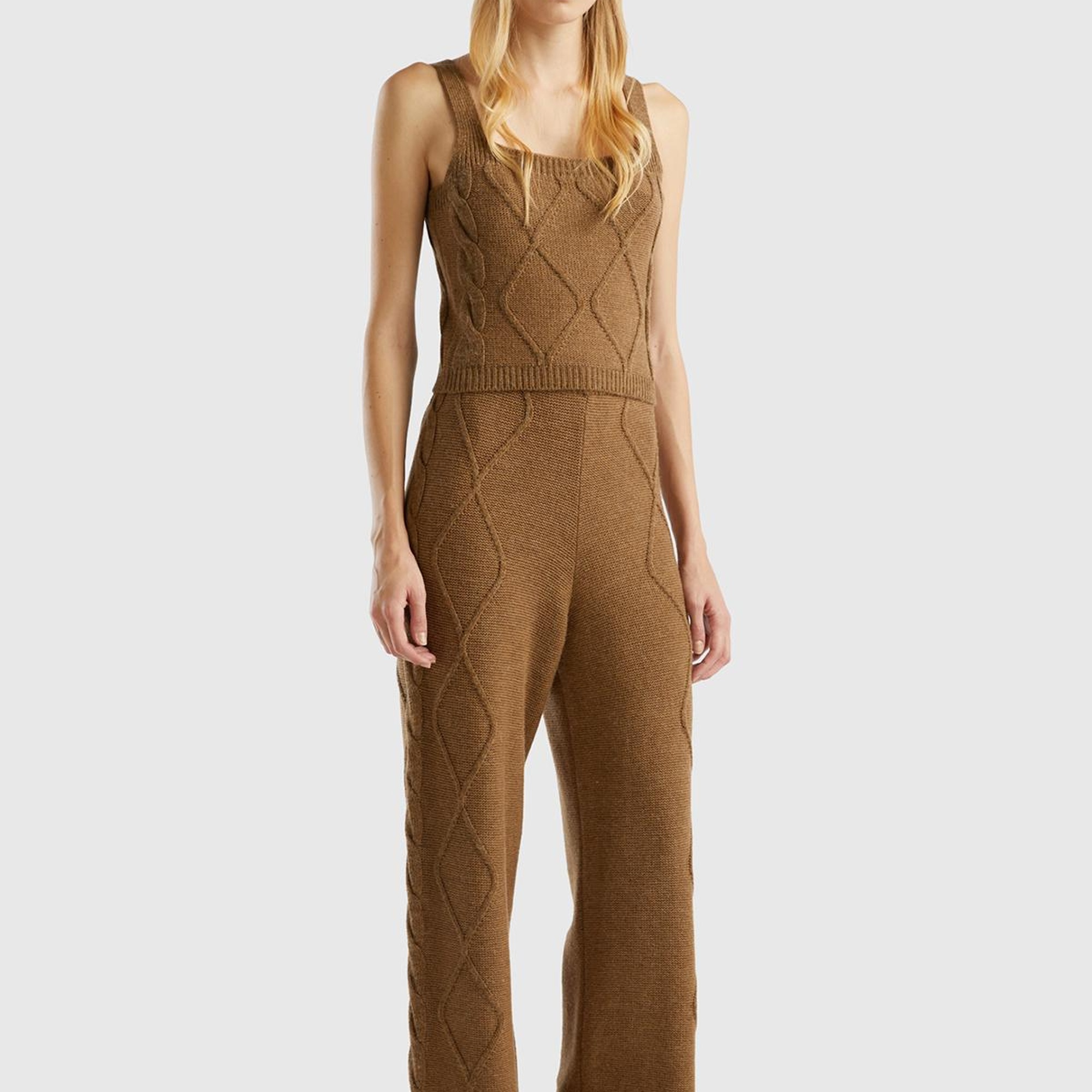 Kadın Taba Geniş Paça Triko Pantolon