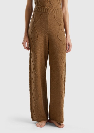  Kadın Taba Geniş Paça Triko Pantolon