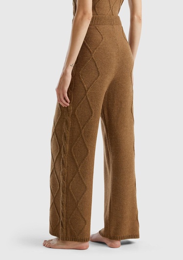  Kadın Taba Geniş Paça Triko Pantolon