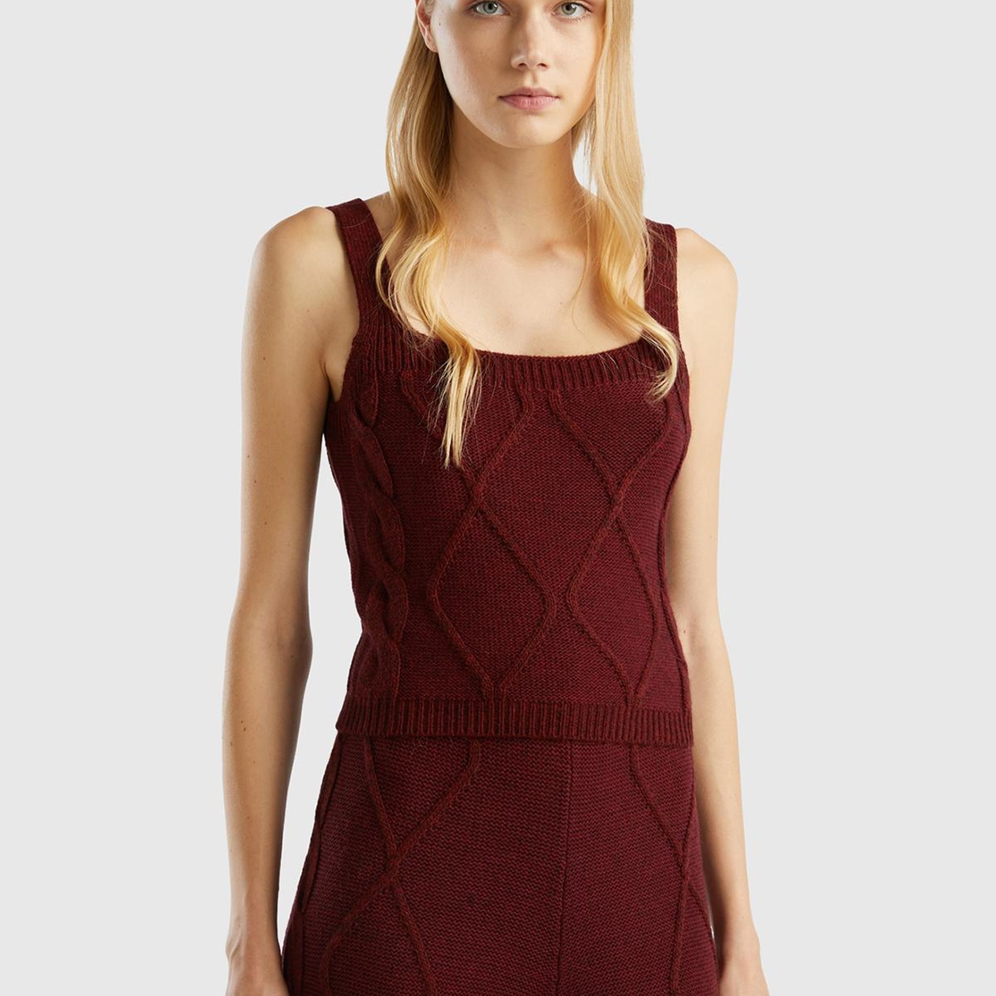 Kadın Bordo Kare Yaka Triko Bluz