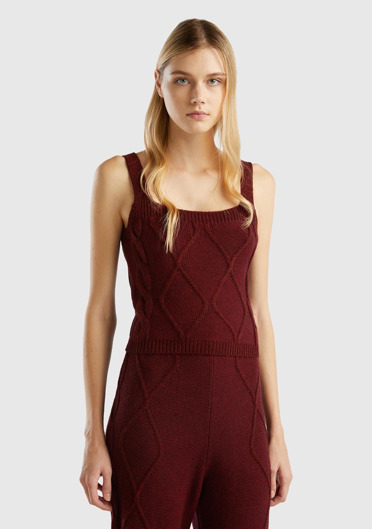  Kadın Bordo Kare Yaka Triko Bluz