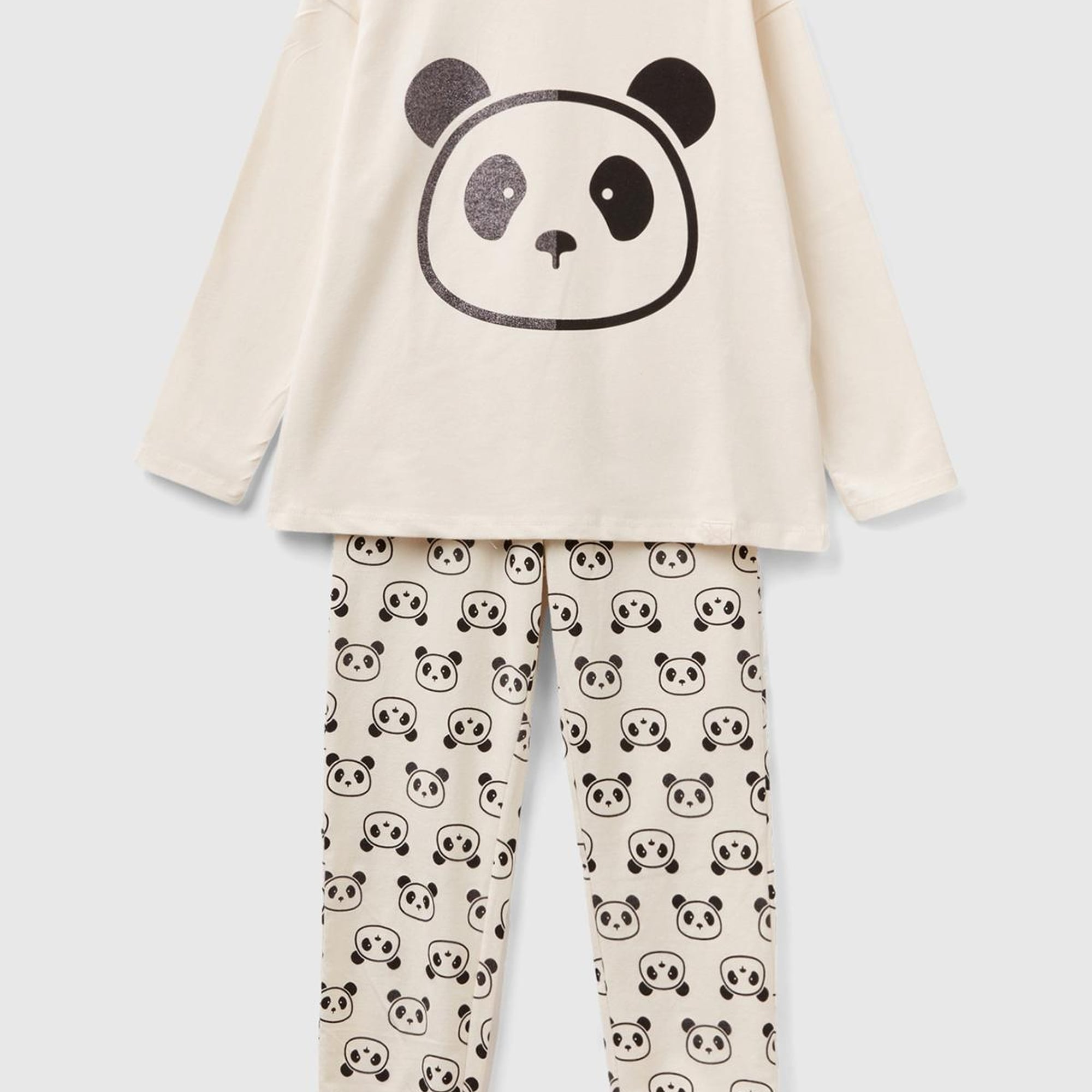 Kız Çocuk Krem Panda Desenli Pijama Takımı