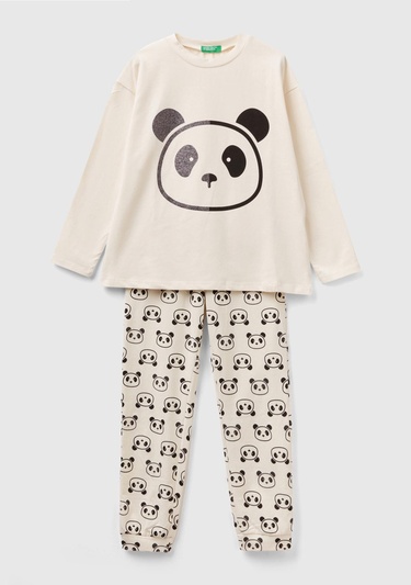  Kız Çocuk Krem Panda Desenli Pijama Takımı