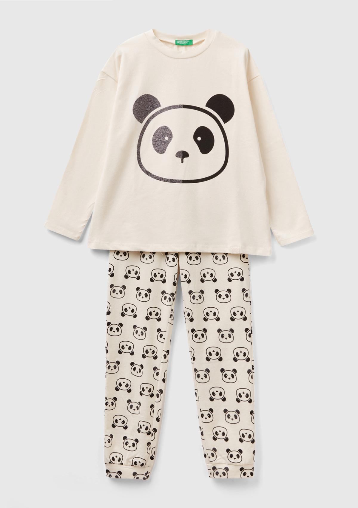  Kız Çocuk Krem Panda Desenli Pijama Takımı