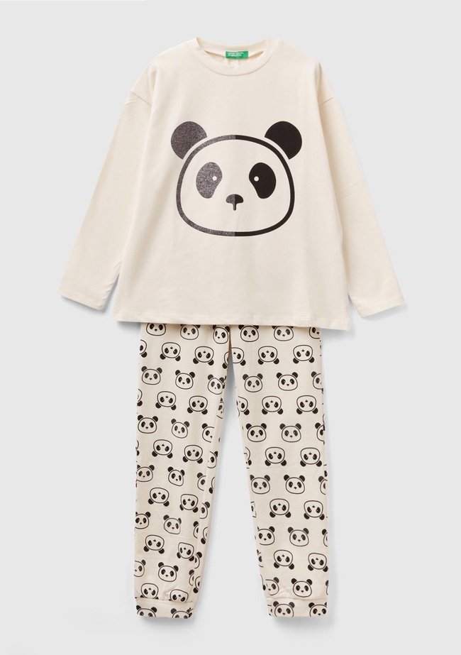  Kız Çocuk Krem Panda Desenli Pijama Takımı