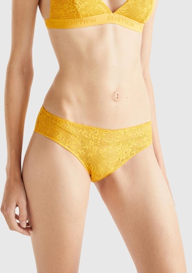  Kadın Hardal Dantelli Slip Külot