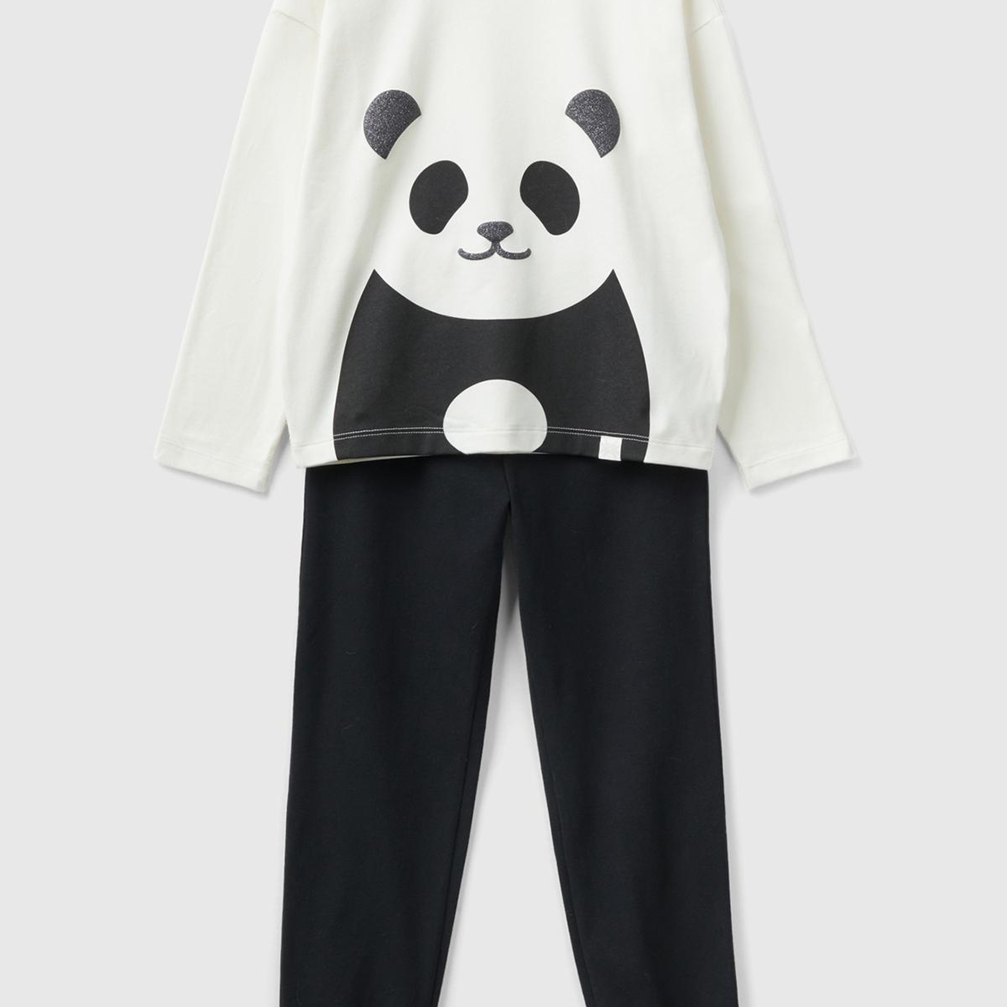 Kız Çocuk Siyah-Beyaz Panda Desenli Pijama Takımı