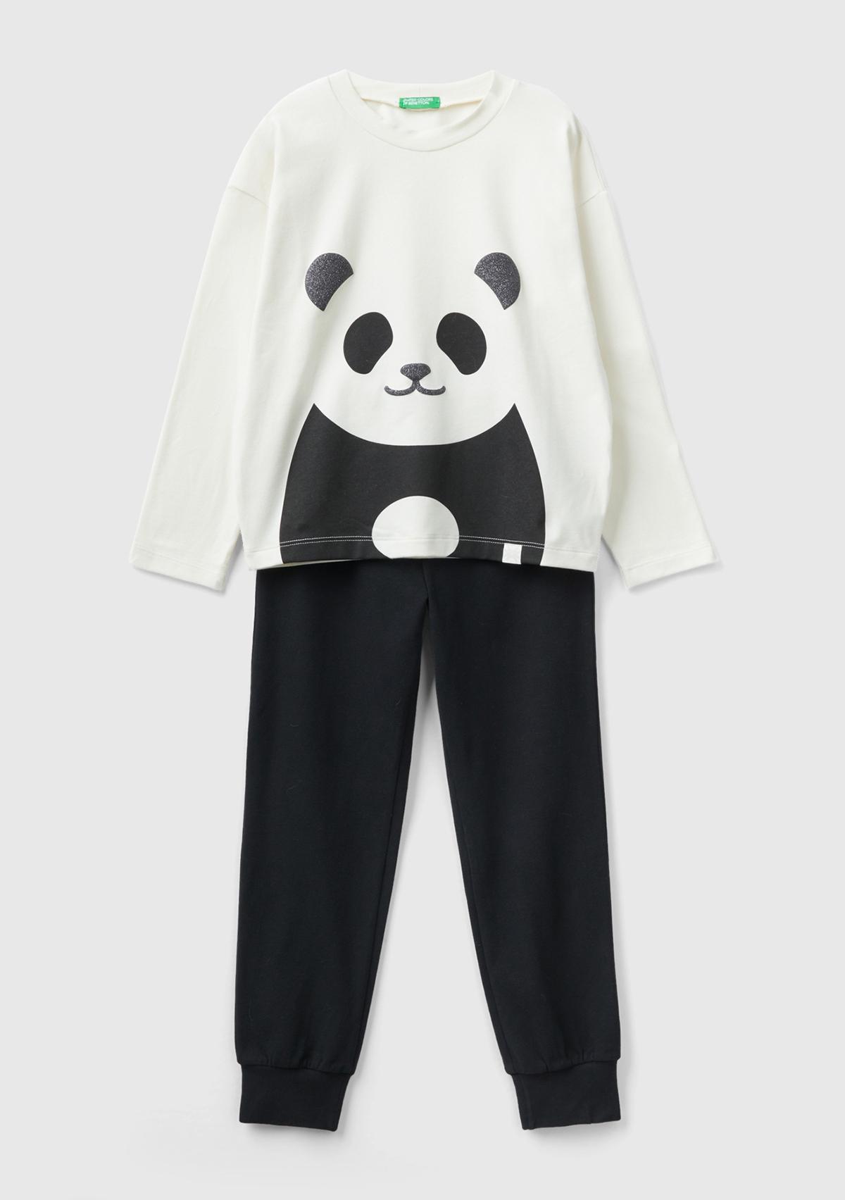  Kız Çocuk Siyah-Beyaz Panda Desenli Pijama Takımı