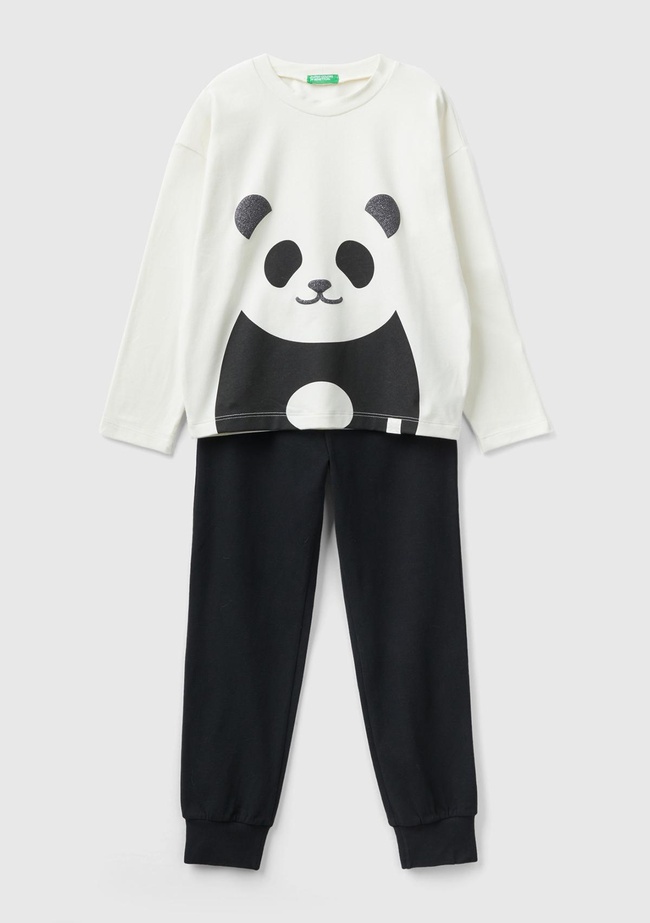  Kız Çocuk Siyah-Beyaz Panda Desenli Pijama Takımı