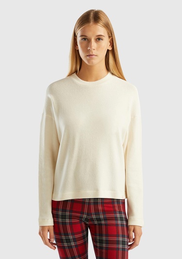  Kadın Krem Bisiklet Yaka Crop Sweatshirt