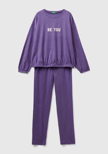  Kadın Mor Slogan Baskılı Pijama Takımı