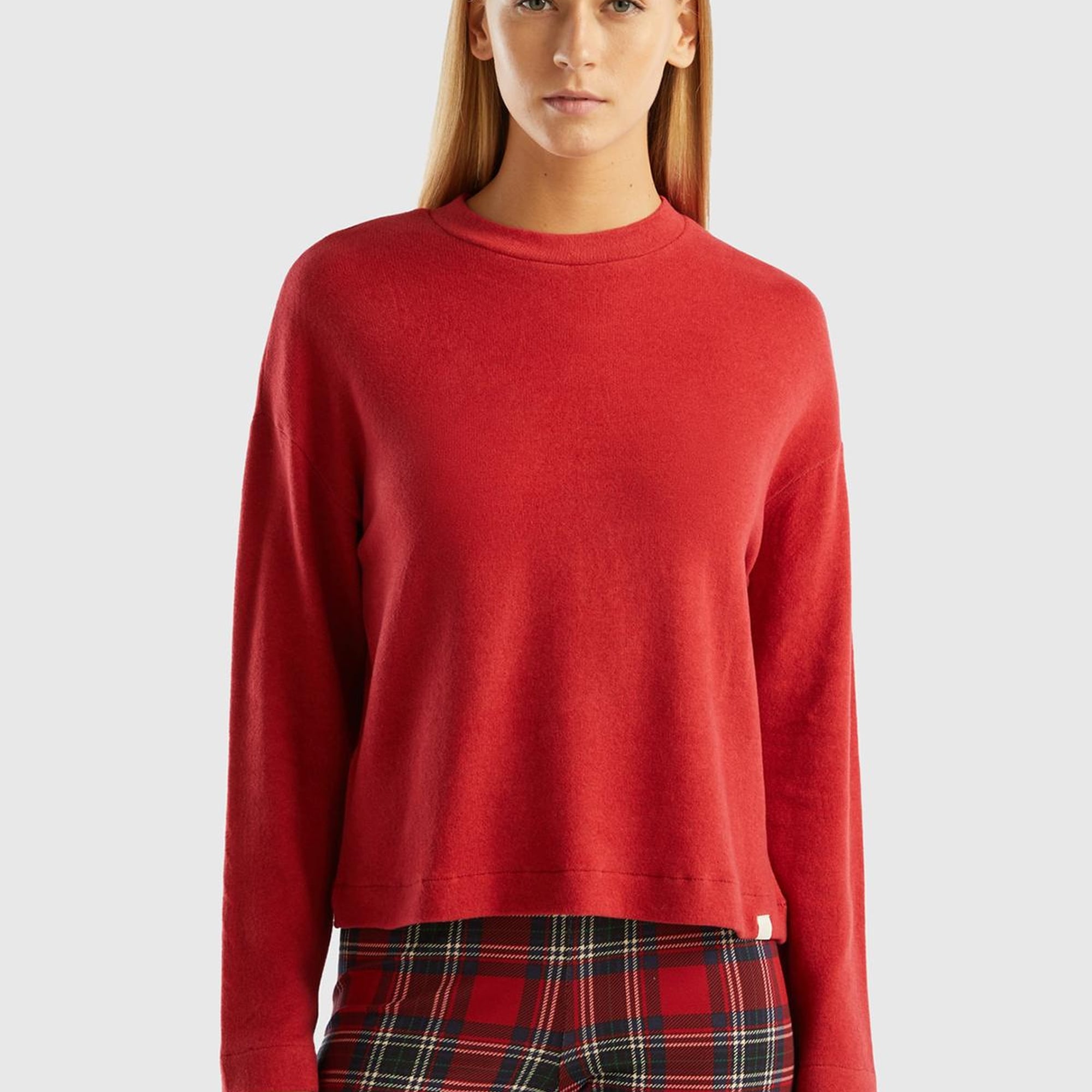 Kadın Kırmızı Bisiklet Yaka Crop Sweatshirt