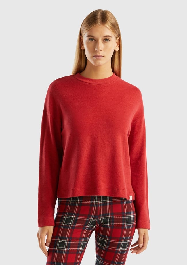  Kadın Kırmızı Bisiklet Yaka Crop Sweatshirt