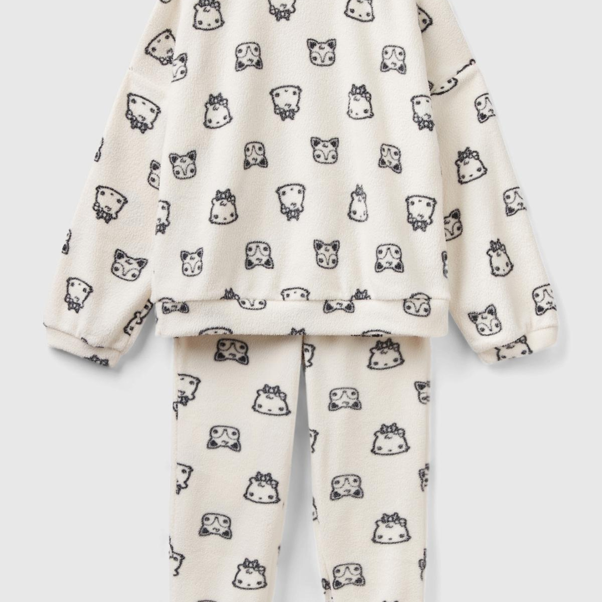 Kız Çocuk Krem Tamamı Hayvan Desenli Polar Pijama Takımı