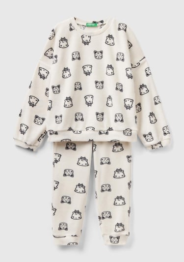  Kız Çocuk Krem Tamamı Hayvan Desenli Polar Pijama Takımı