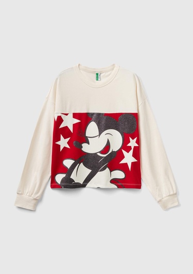  Kadın Krem Mickey Baskılı Crop Sweatshirt