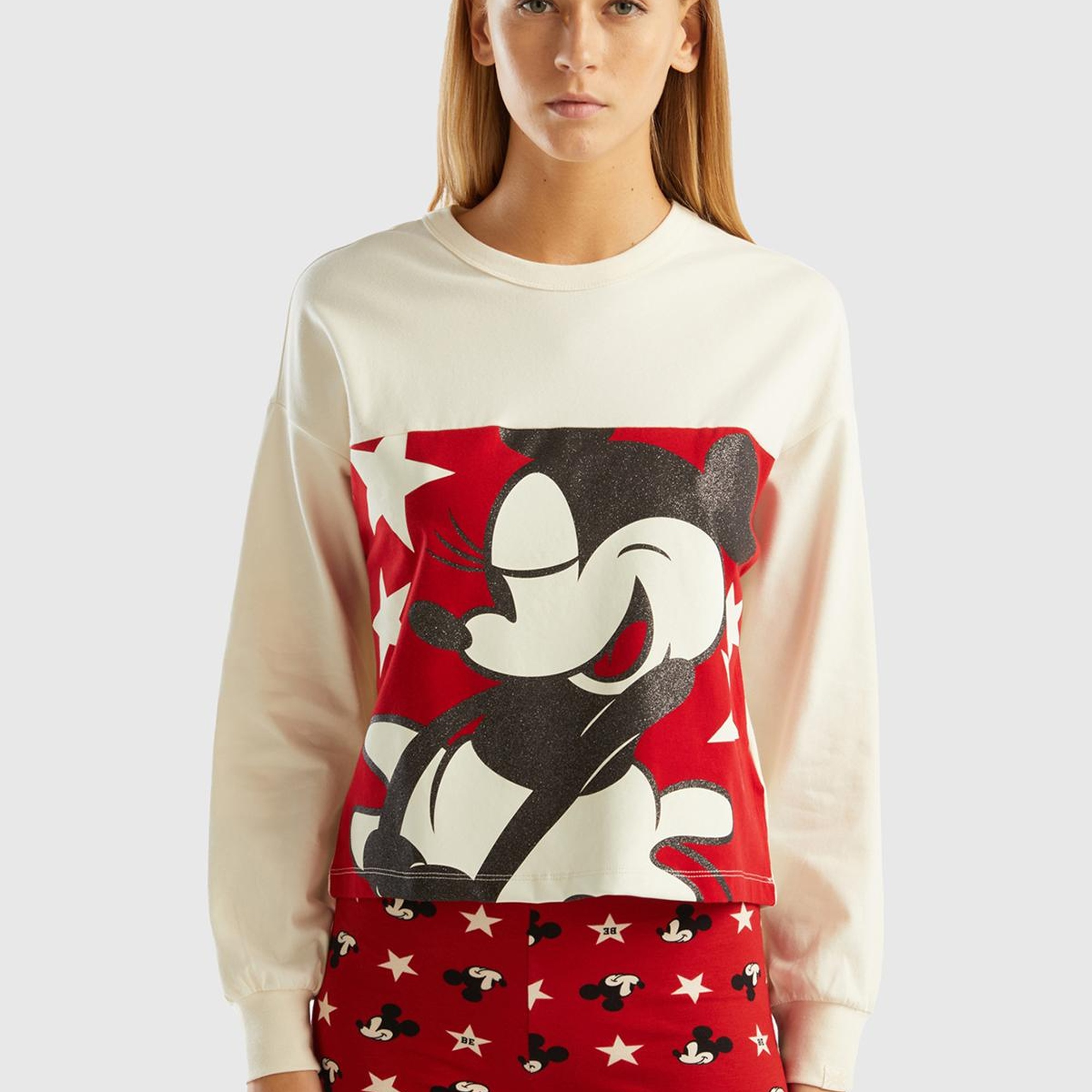 Kadın Krem Mickey Baskılı Crop Sweatshirt