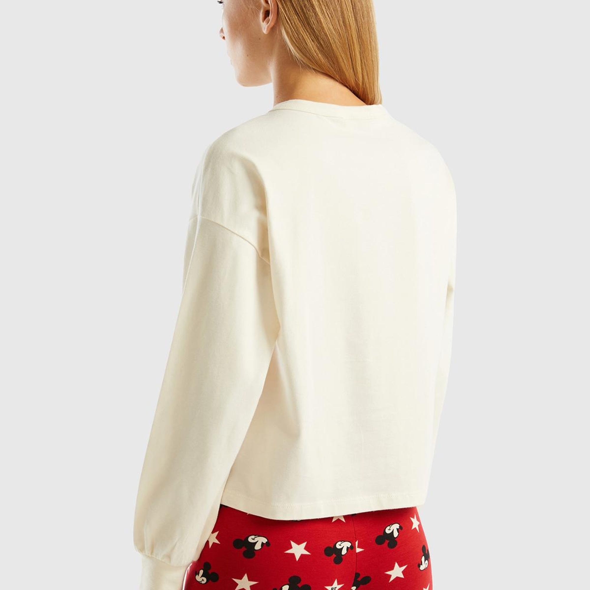 Kadın Krem Mickey Baskılı Crop Sweatshirt