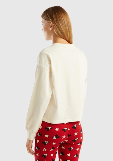  Kadın Krem Mickey Baskılı Crop Sweatshirt