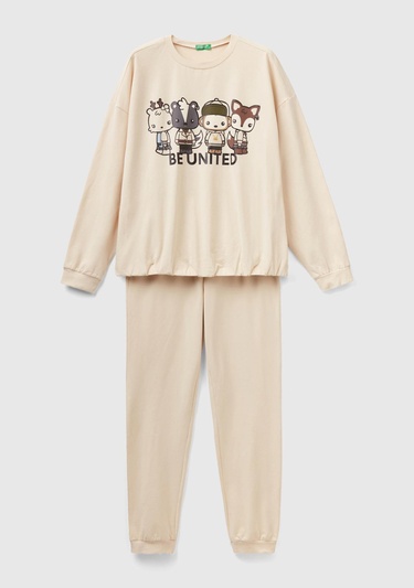  Kadın Bej Slogan Baskılı Pijama Takımı