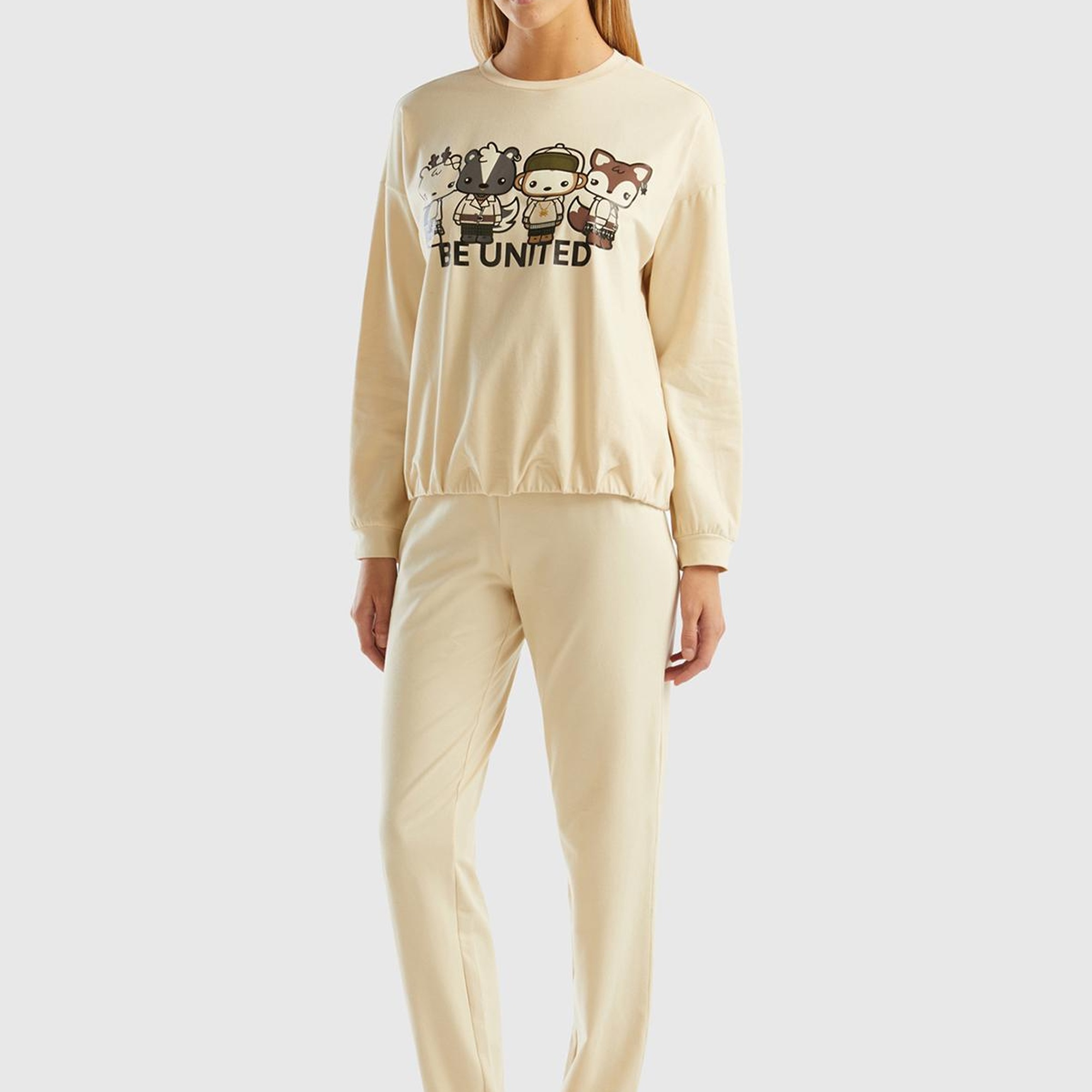 Kadın Bej Slogan Baskılı Pijama Takımı