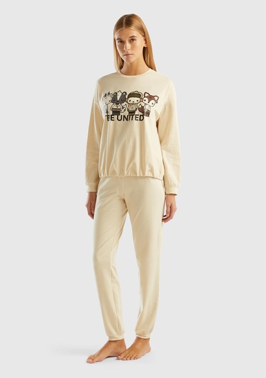 Kadın Bej Slogan Baskılı Pijama Takımı