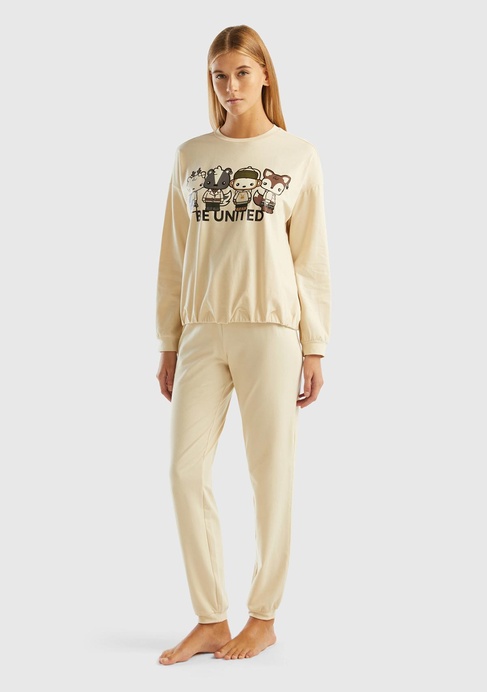  Kadın Bej Slogan Baskılı Pijama Takımı