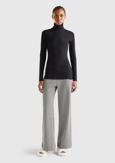  Kadın Siyah-Beyaz Tamamı Desenli Geniş Paça Viskoz Karışımlı Pijama Alt