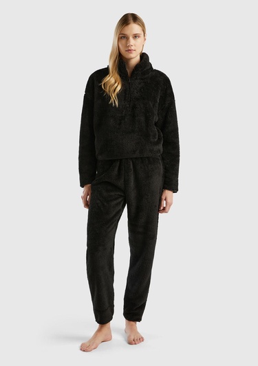  Kadın Siyah Beli Lastikli Peluş Eşofman Alt