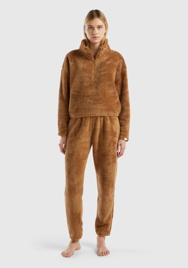  Kadın Taba Beli Lastikli Peluş Eşofman Alt