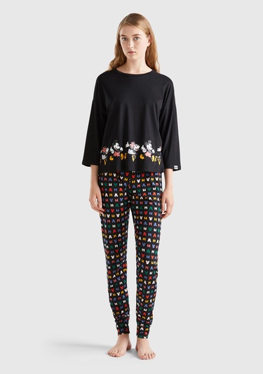  Kadın Siyah Belinde Disney Baskılı T-Shirt