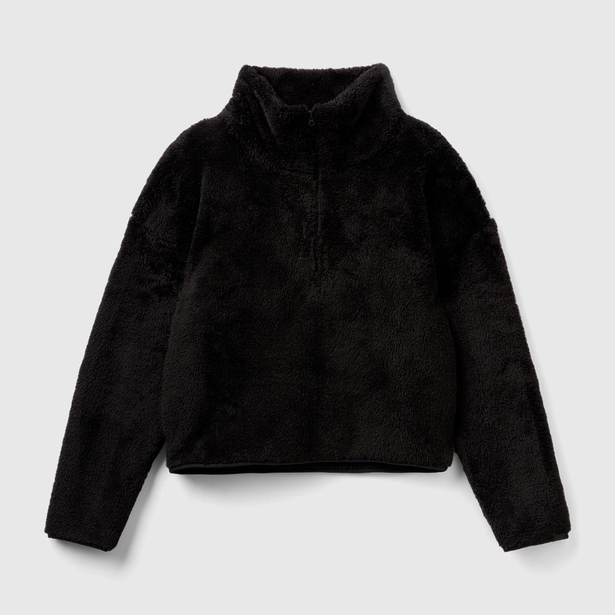 Kadın Siyah Yarım Fermuarlı Peluş Crop Sweatshirt