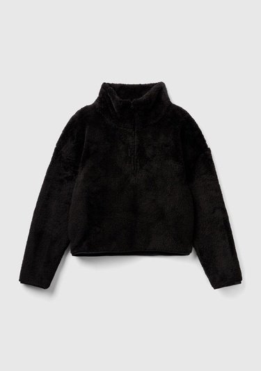 Kadın Siyah Yarım Fermuarlı Peluş Crop Sweatshirt