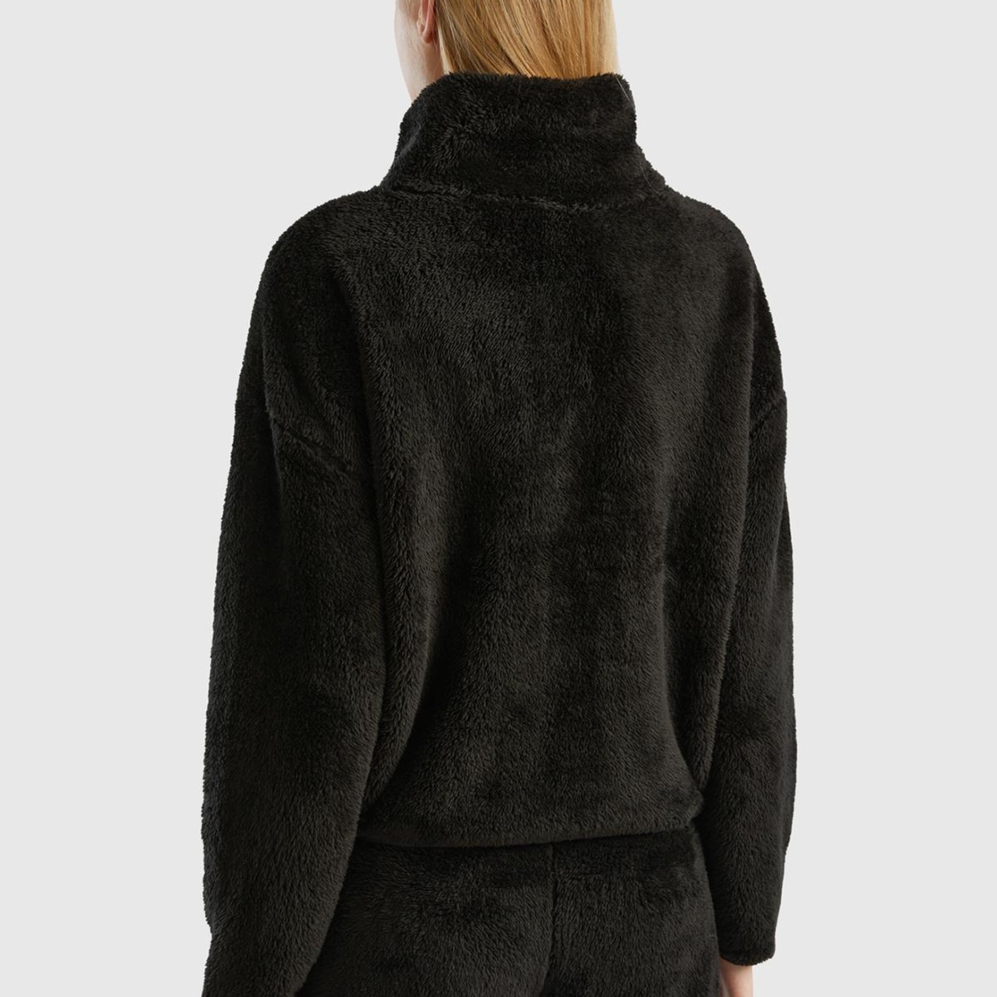 Kadın Siyah Yarım Fermuarlı Peluş Crop Sweatshirt