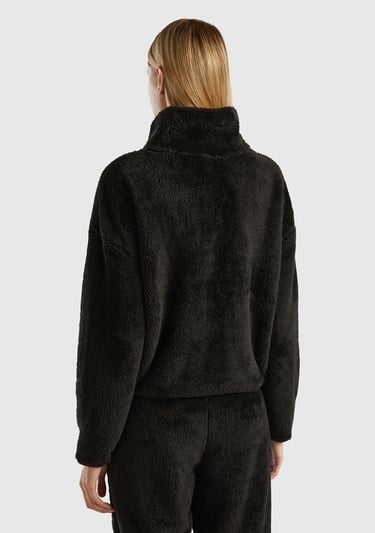  Kadın Siyah Yarım Fermuarlı Peluş Crop Sweatshirt