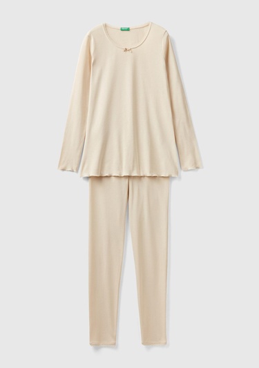  Kadın Bej Ribanalı Pijama Takımı