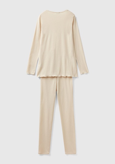  Kadın Bej Ribanalı Pijama Takımı