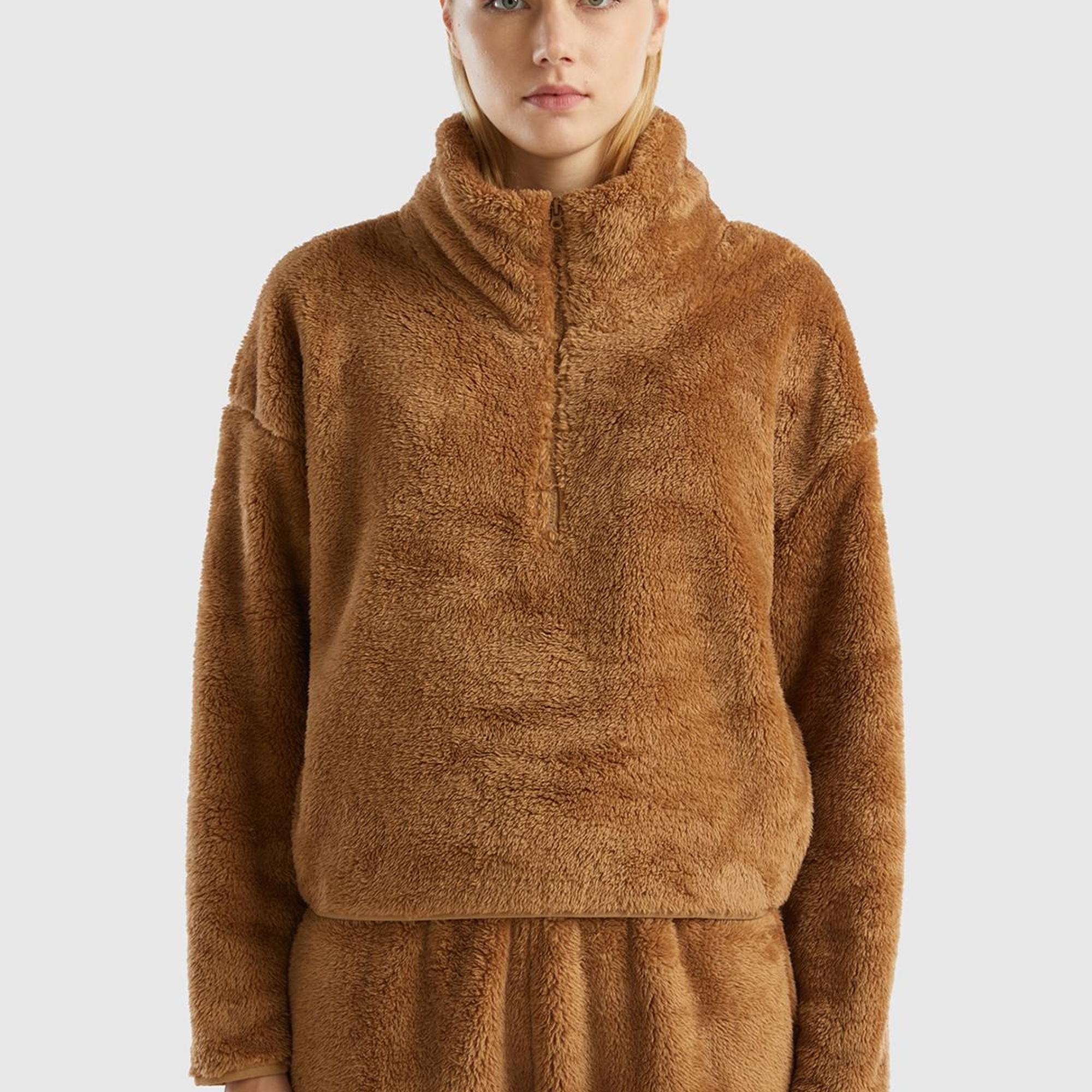 Kadın Taba Yarım Fermuarlı Peluş Crop Sweatshirt