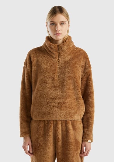  Kadın Taba Yarım Fermuarlı Peluş Crop Sweatshirt
