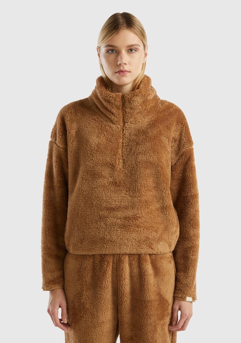  Kadın Taba Yarım Fermuarlı Peluş Crop Sweatshirt