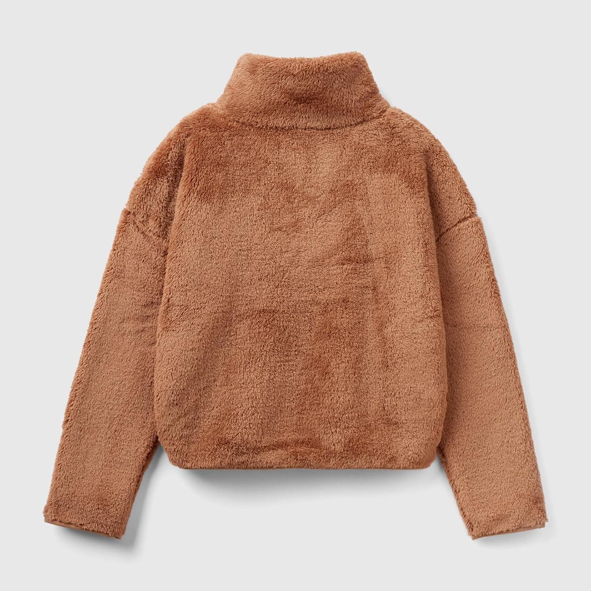 Kadın Taba Yarım Fermuarlı Peluş Crop Sweatshirt