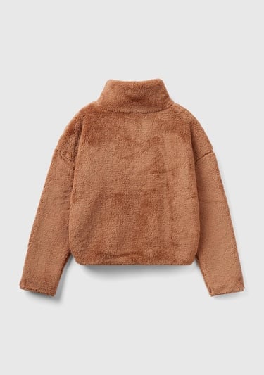  Kadın Taba Yarım Fermuarlı Peluş Crop Sweatshirt