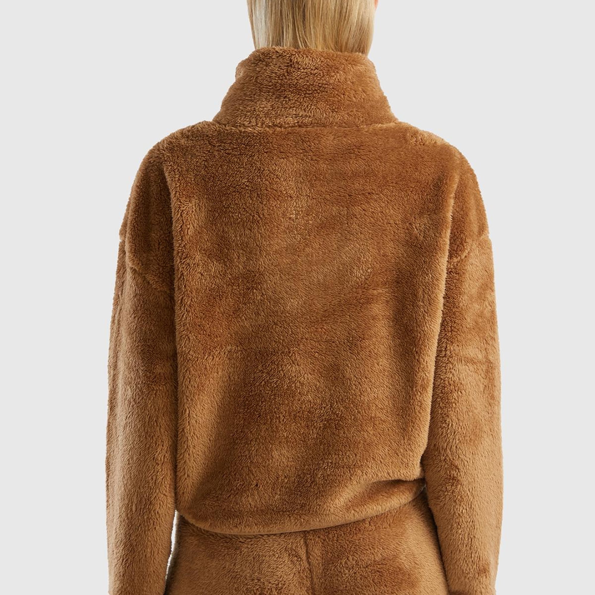 Kadın Taba Yarım Fermuarlı Peluş Crop Sweatshirt