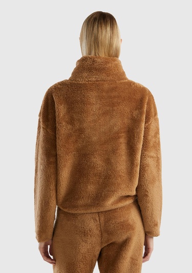  Kadın Taba Yarım Fermuarlı Peluş Crop Sweatshirt